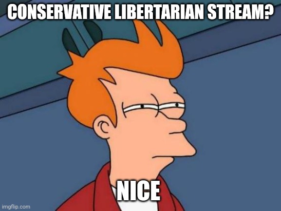 Futurama Fry | CONSERVATIVE LIBERTARIAN STREAM? NICE | image tagged in memes,futurama fry | made w/ Imgflip meme maker