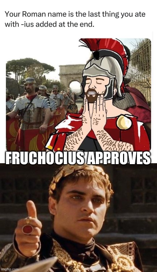 Fruchocs | FRUCHOCIUS APPROVES | image tagged in upvoting roman | made w/ Imgflip meme maker