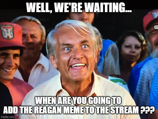 Caddyshack we're waiting | WELL, WE'RE WAITING... WHEN ARE YOU GOING TO 
ADD THE REAGAN MEME TO THE STREAM ??? | image tagged in caddyshack we're waiting | made w/ Imgflip meme maker