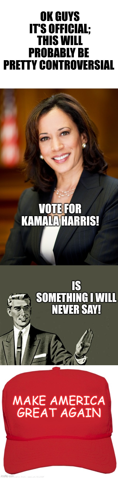 OK GUYS IT'S OFFICIAL;; THIS WILL PROBABLY BE PRETTY CONTROVERSIAL; VOTE FOR KAMALA HARRIS! IS SOMETHING I WILL NEVER SAY! MAKE AMERICA GREAT AGAIN | image tagged in kamala harris,nope,blank red maga hat | made w/ Imgflip meme maker