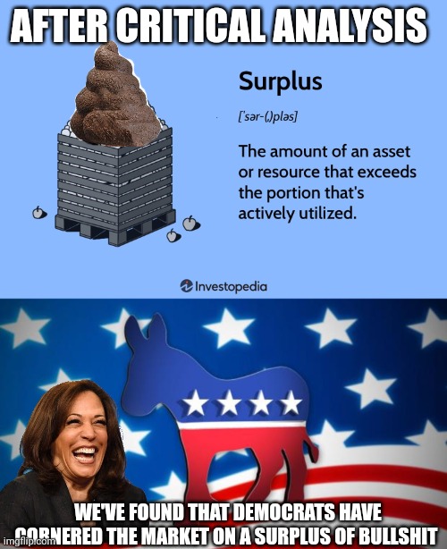 bullshit meme | AFTER CRITICAL ANALYSIS; WE'VE FOUND THAT DEMOCRATS HAVE CORNERED THE MARKET ON A SURPLUS OF BULLSHIT | image tagged in democrats | made w/ Imgflip meme maker