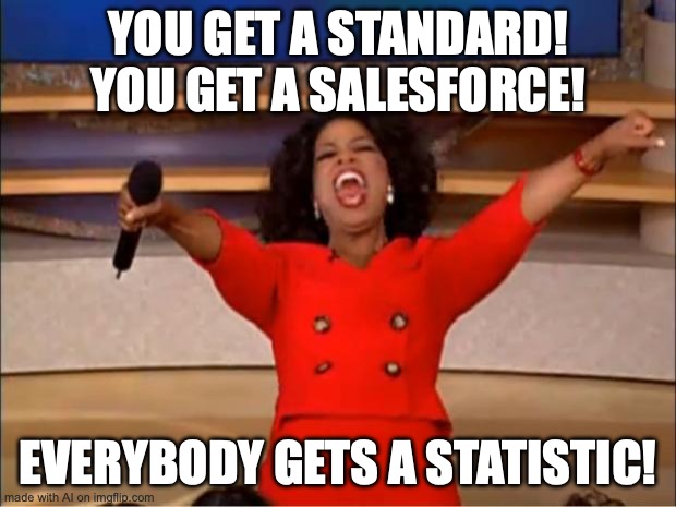 what happens when AI makes me a meme | YOU GET A STANDARD! YOU GET A SALESFORCE! EVERYBODY GETS A STATISTIC! | image tagged in memes,oprah you get a | made w/ Imgflip meme maker