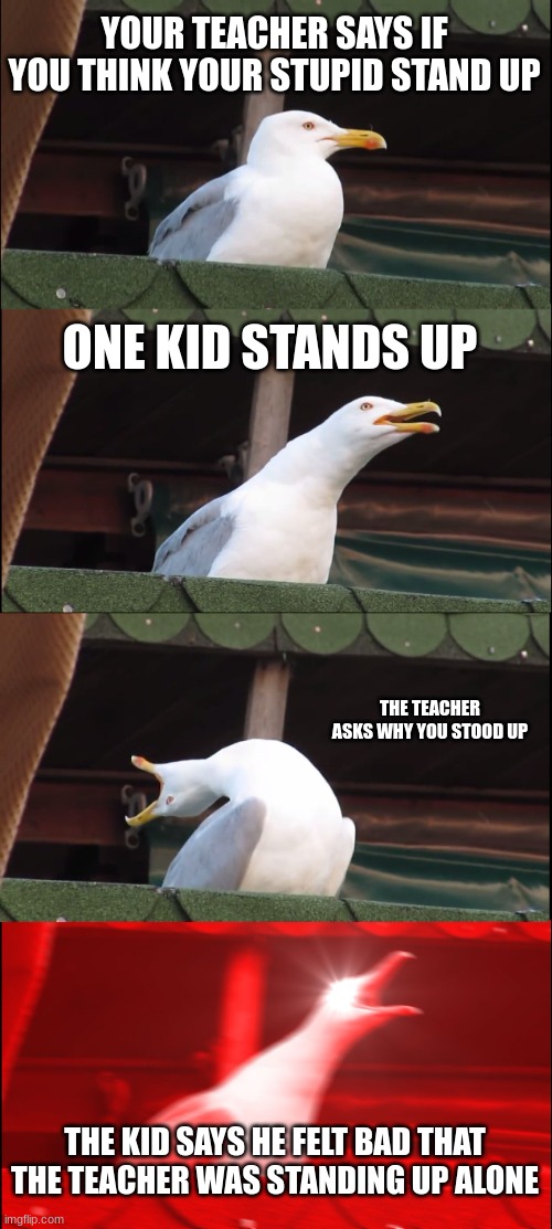 Inhaling Seagull | YOUR TEACHER SAYS IF YOU THINK YOUR STUPID STAND UP; ONE KID STANDS UP; THE TEACHER ASKS WHY YOU STOOD UP; THE KID SAYS HE FELT BAD THAT THE TEACHER WAS STANDING UP ALONE | image tagged in memes,inhaling seagull | made w/ Imgflip meme maker