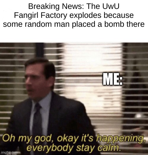 oh my god it's happening stay calm | Breaking News: The UwU Fangirl Factory explodes because some random man placed a bomb there; ME: | image tagged in oh my god okay it's happening everybody stay calm | made w/ Imgflip meme maker