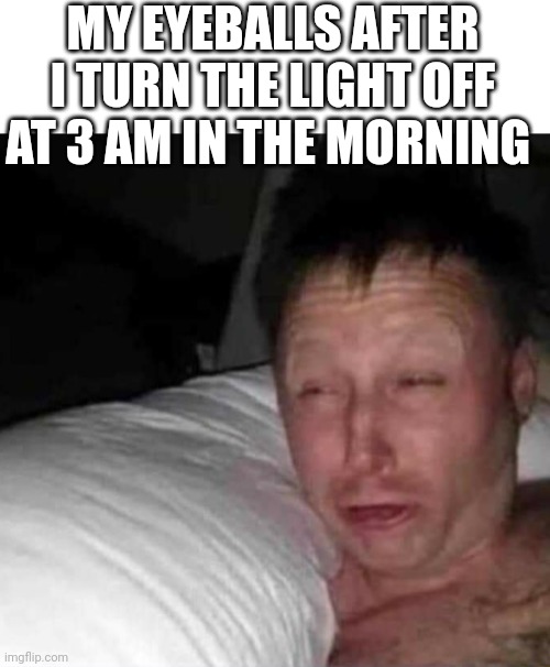 Sleepy guy | MY EYEBALLS AFTER I TURN THE LIGHT OFF AT 3 AM IN THE MORNING | image tagged in sleepy guy | made w/ Imgflip meme maker