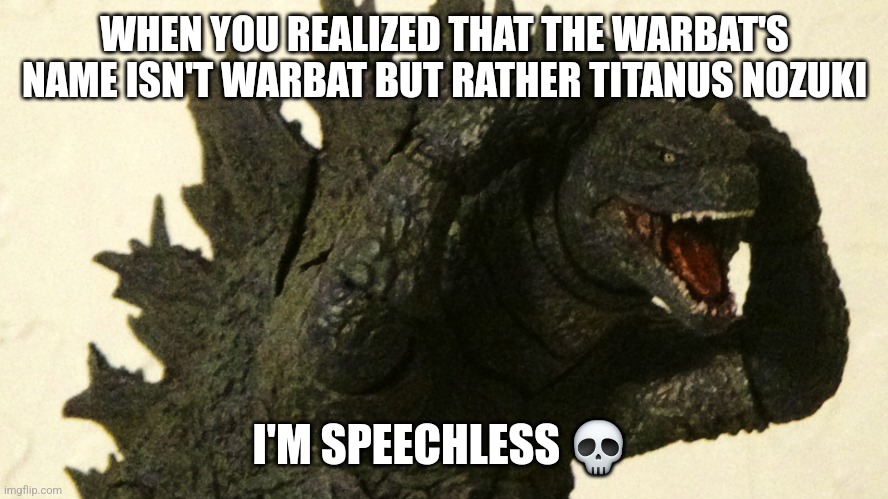 I have no words | WHEN YOU REALIZED THAT THE WARBAT'S NAME ISN'T WARBAT BUT RATHER TITANUS NOZUKI; I'M SPEECHLESS 💀 | image tagged in shocked godzilla | made w/ Imgflip meme maker