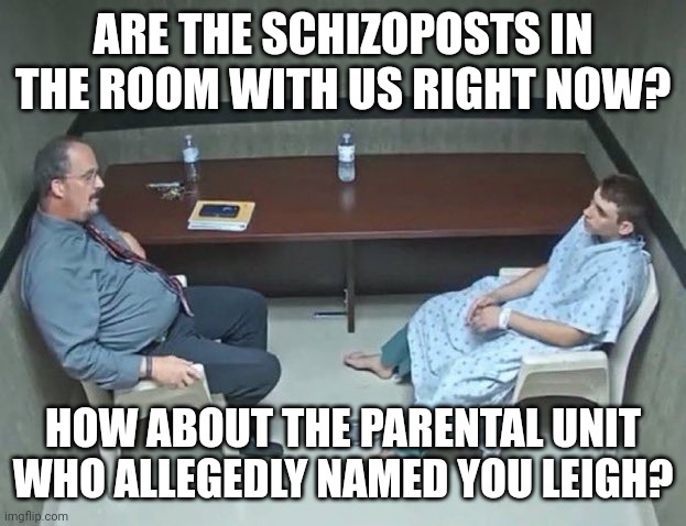 Are they in the room with us right now? | ARE THE SCHIZOPOSTS IN THE ROOM WITH US RIGHT NOW? HOW ABOUT THE PARENTAL UNIT WHO ALLEGEDLY NAMED YOU LEIGH? | image tagged in are they in the room with us right now | made w/ Imgflip meme maker