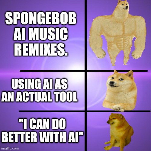 Buff Doge Vs Doge Vs Cheems | SPONGEBOB AI MUSIC REMIXES. USING AI AS AN ACTUAL TOOL; "I CAN DO BETTER WITH AI" | image tagged in buff doge vs doge vs cheems | made w/ Imgflip meme maker