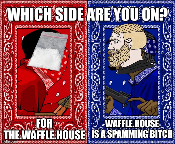 Imma ratio real quick to see if y'all's for the spammer or against them | FOR THE.WAFFLE.HOUSE; WAFFLE.HOUSE IS A SPAMMING BITCH | image tagged in which side are you on | made w/ Imgflip meme maker