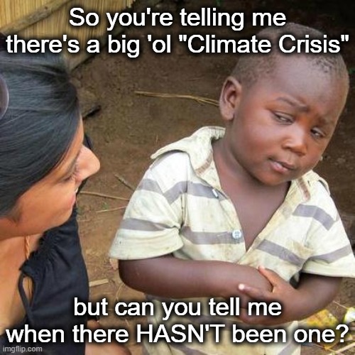 Vote for me and I'll appoint a fact-finding commission to find out! | So you're telling me there's a big 'ol "Climate Crisis"; but can you tell me when there HASN'T been one? | image tagged in curious kid | made w/ Imgflip meme maker