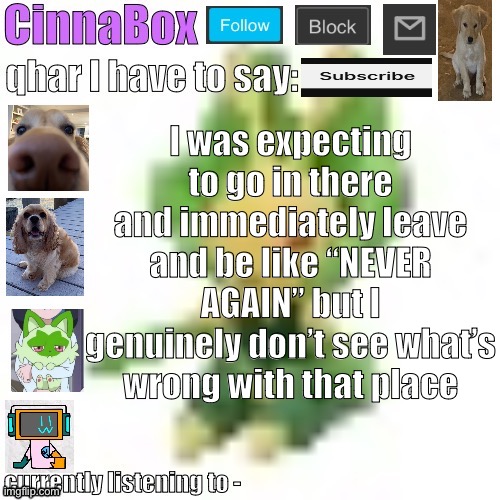 CinnaBox’s 144p Leavanny temp | I was expecting to go in there and immediately leave and be like “NEVER AGAIN” but I genuinely don’t see what’s wrong with that place | image tagged in cinnabox s 144p leavanny temp | made w/ Imgflip meme maker