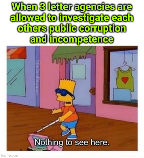 when 3 letter organizations investigate each other | When 3 letter agencies are
allowed to investigate each
others public corruption
and incompetence | image tagged in blind bart simpson,lack of accountability | made w/ Imgflip meme maker