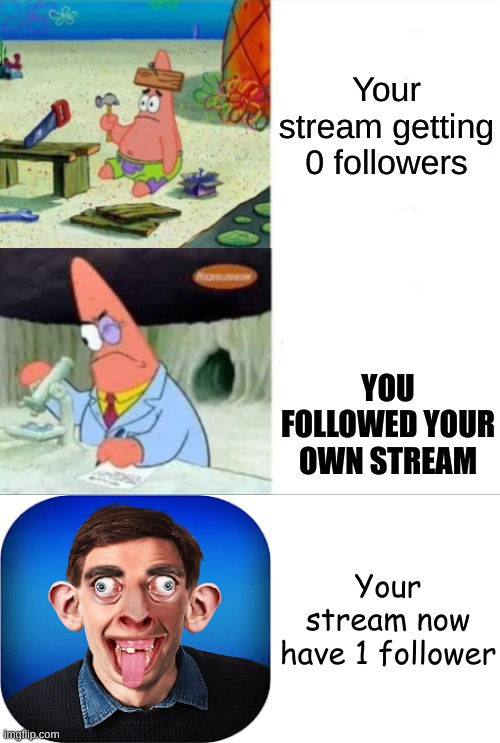 Patrick smart dumb reversed | Your stream getting 0 followers; YOU FOLLOWED YOUR OWN STREAM; Your stream now have 1 follower | image tagged in patrick smart dumb reversed | made w/ Imgflip meme maker