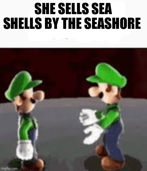 luigi to luigi communication | SHE SELLS SEA SHELLS BY THE SEASHORE | image tagged in luigi to luigi communication | made w/ Imgflip meme maker