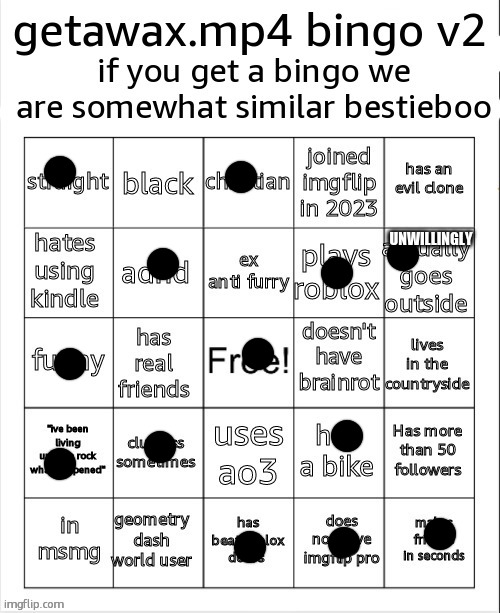 I've got a bingo. | UNWILLINGLY | image tagged in getawax mp4 bingo v2 | made w/ Imgflip meme maker