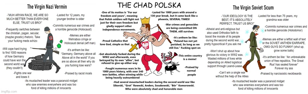 The Virgin Nazi Degenerate vs The Virgin Soviet Bastard vs CHAD POLSKA | image tagged in virgin vs chad,repost,reddit | made w/ Imgflip meme maker