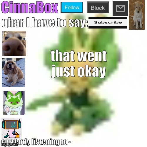 CinnaBox’s 144p Leavanny temp | that went just okay | image tagged in cinnabox s 144p leavanny temp | made w/ Imgflip meme maker