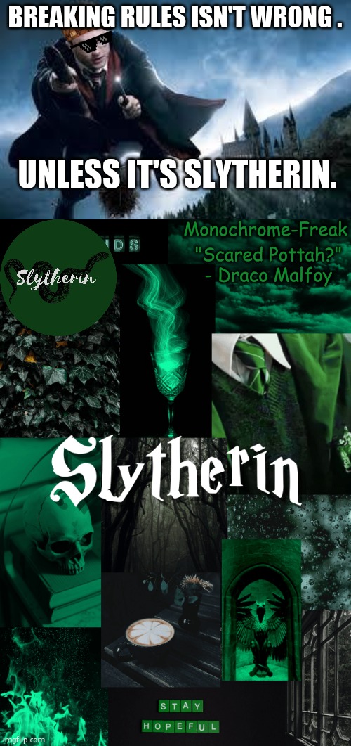 why you gotta do me like that harry? | BREAKING RULES ISN'T WRONG . UNLESS IT'S SLYTHERIN. | image tagged in harry potter flying,slytherin temp for monochrome freak,harry potter,slytherin | made w/ Imgflip meme maker