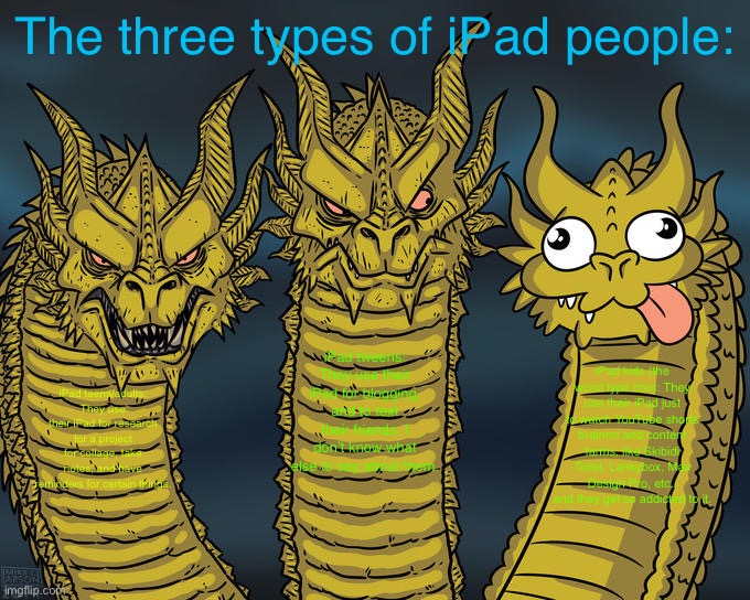 My first meme! | The three types of iPad people:; iPad tweens: They use their iPad for blogging, and to text their friends. I don’t know what else to say about them. iPad kids (the worst type imo): They use their iPad just to watch YouTube shorts brainrot and content farms, like Skibidi Toilet, Lankybox, Max Design Pro, etc., and they get so addicted to it. iPad teens/adults: They use their iPad for research for a project for collage, take notes, and have reminders for certain things. | image tagged in three-headed dragon | made w/ Imgflip meme maker