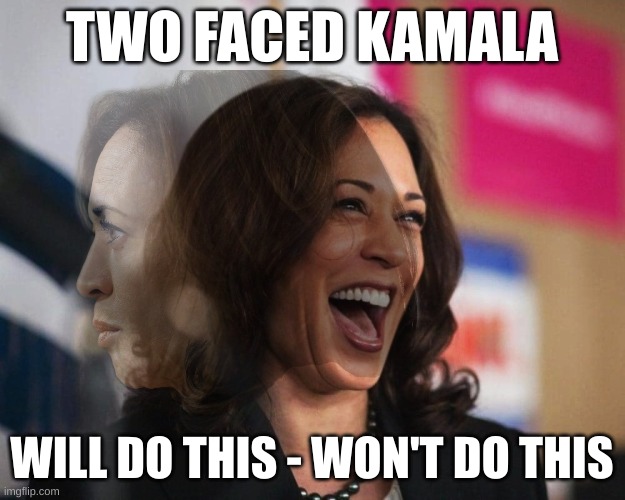 Kamala is Two Faced. Cannot be Trusted. | TWO FACED KAMALA; WILL DO THIS - WON'T DO THIS | image tagged in cackling kamala harris | made w/ Imgflip meme maker