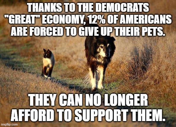 And the Democrats say, "inflation, what inflation". | THANKS TO THE DEMOCRATS "GREAT" ECONOMY, 12% OF AMERICANS ARE FORCED TO GIVE UP THEIR PETS. THEY CAN NO LONGER AFFORD TO SUPPORT THEM. | image tagged in democrats and the great reset,democrats hate america | made w/ Imgflip meme maker