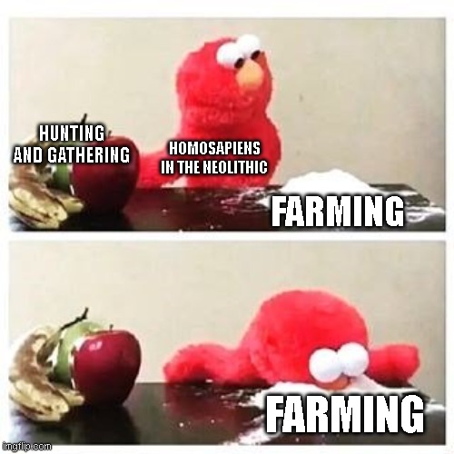 elmo cocaine | HUNTING AND GATHERING; HOMOSAPIENS IN THE NEOLITHIC; FARMING; FARMING | image tagged in elmo cocaine | made w/ Imgflip meme maker