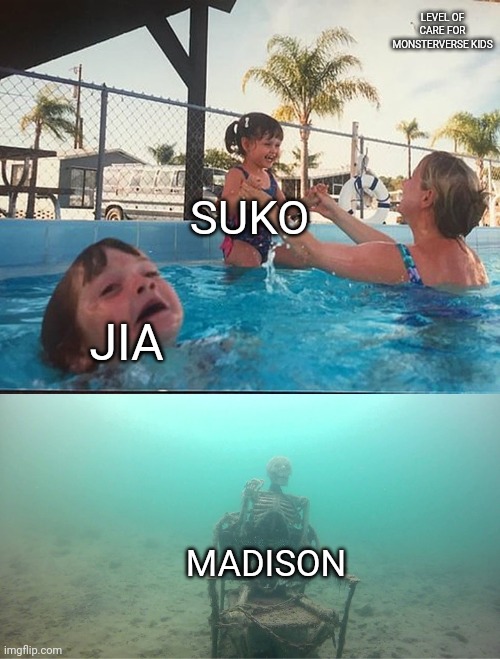 Level of care for monsterverse kids | LEVEL OF CARE FOR MONSTERVERSE KIDS; SUKO; JIA; MADISON | image tagged in mother ignoring kid drowning in a pool | made w/ Imgflip meme maker