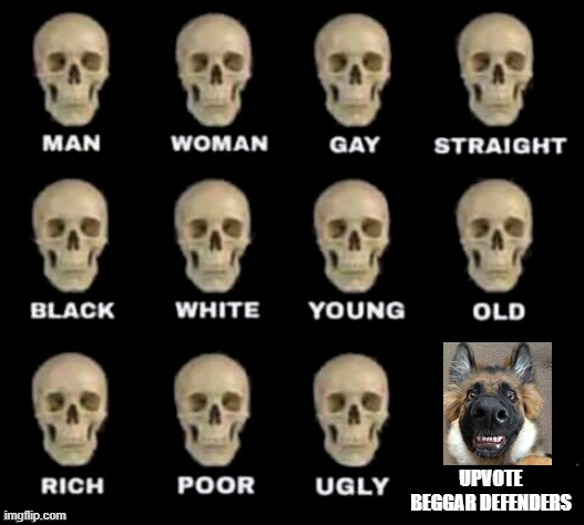 UPVOTE BEGGARS DEFENDERS*SIGH* WHAT THEY ARE SO DUMB WE HAVE TO BAN THEM | UPVOTE BEGGAR DEFENDERS | image tagged in idiot skull,stop upvote beggar defenders | made w/ Imgflip meme maker