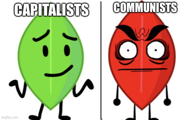 Leafy vs Evil Leafy | COMMUNISTS; CAPITALISTS | image tagged in leafy vs evil leafy | made w/ Imgflip meme maker