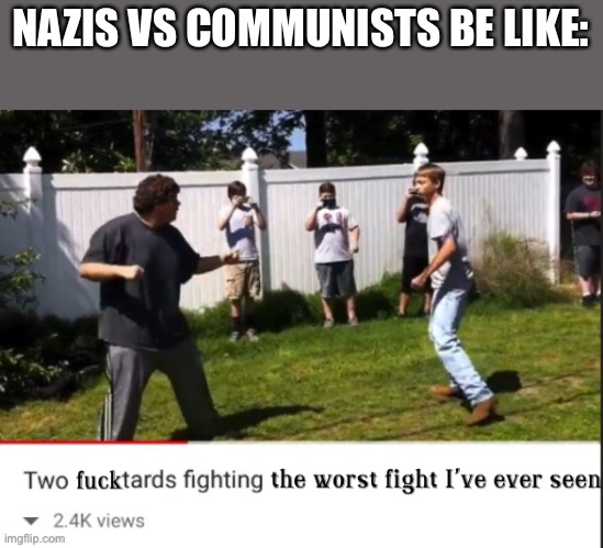 Context: Communists killed hundreds of people, and Nazis also killed a lot of people | NAZIS VS COMMUNISTS BE LIKE: | image tagged in two fucktards fighting the worst fight i've ever seen | made w/ Imgflip meme maker