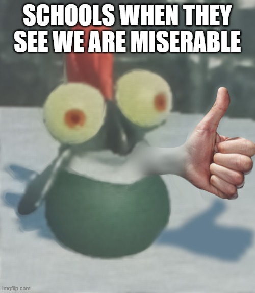 WHY THO :( | SCHOOLS WHEN THEY SEE WE ARE MISERABLE | image tagged in nat's little buddy | made w/ Imgflip meme maker