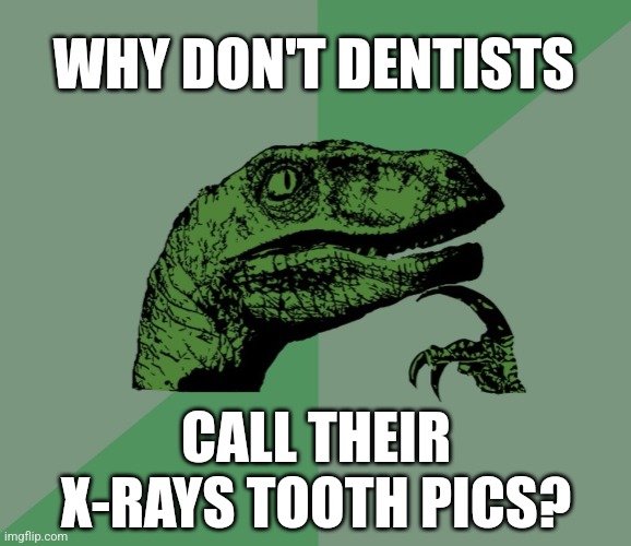 Laughing gas thoughts | WHY DON'T DENTISTS; CALL THEIR X-RAYS TOOTH PICS? | image tagged in dino think dinossauro pensador,dentist,xray,tooth,pic,bad jokes | made w/ Imgflip meme maker