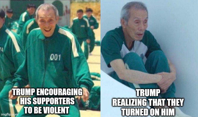 You reap what you sow | TRUMP REALIZING THAT THEY TURNED ON HIM; TRUMP ENCOURAGING HIS SUPPORTERS TO BE VIOLENT | image tagged in squid game how it started,terrorists,scumbag republicans,trailer trash,jeffrey epstein,liberals vs conservatives | made w/ Imgflip meme maker