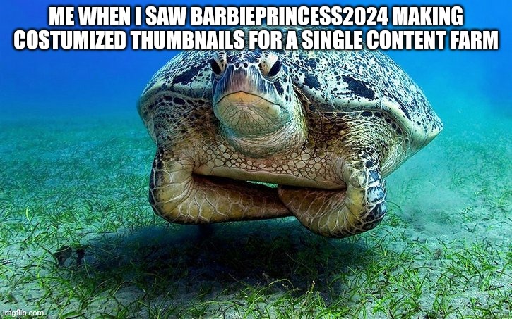 Save the turtles | ME WHEN I SAW BARBIEPRINCESS2024 MAKING COSTUMIZED THUMBNAILS FOR A SINGLE CONTENT FARM | image tagged in angry turtle,recycle or die | made w/ Imgflip meme maker