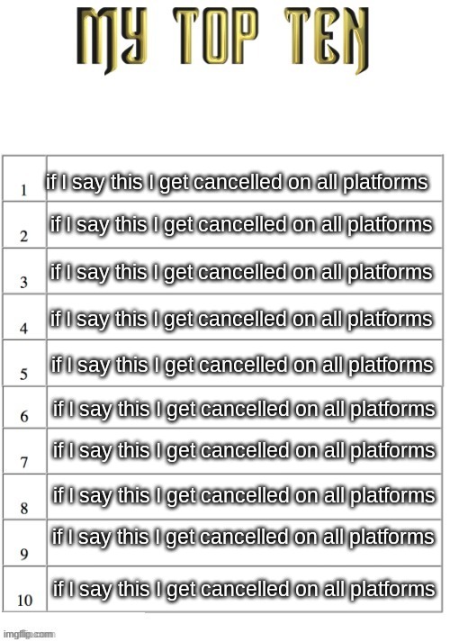 Top ten list better | if I say this I get cancelled on all platforms; if I say this I get cancelled on all platforms; if I say this I get cancelled on all platforms; if I say this I get cancelled on all platforms; if I say this I get cancelled on all platforms; if I say this I get cancelled on all platforms; if I say this I get cancelled on all platforms; if I say this I get cancelled on all platforms; if I say this I get cancelled on all platforms; if I say this I get cancelled on all platforms | image tagged in top ten list better | made w/ Imgflip meme maker