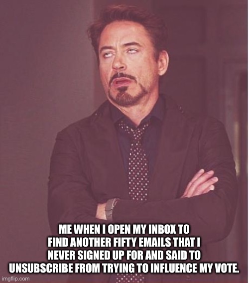 Anyone else had enough? | ME WHEN I OPEN MY INBOX TO FIND ANOTHER FIFTY EMAILS THAT I NEVER SIGNED UP FOR AND SAID TO UNSUBSCRIBE FROM TRYING TO INFLUENCE MY VOTE. | image tagged in memes,face you make robert downey jr | made w/ Imgflip meme maker