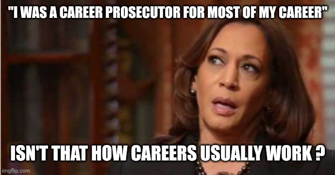 Kamala Harris | "I WAS A CAREER PROSECUTOR FOR MOST OF MY CAREER" ISN'T THAT HOW CAREERS USUALLY WORK ? | image tagged in kamala harris | made w/ Imgflip meme maker