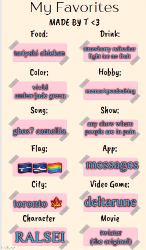 mine :D | strawberry refresher light ice no fruit; teriyaki chicken; memes/speedcubing; vivId amber/jade green; any show where people are in pain; ghos7 camellia; messages; 🇳🇷🇨🇻🏳️‍🌈; deltarune; toronto 🍁; RALSEI; twister (the original) | image tagged in my favorites made by t | made w/ Imgflip meme maker