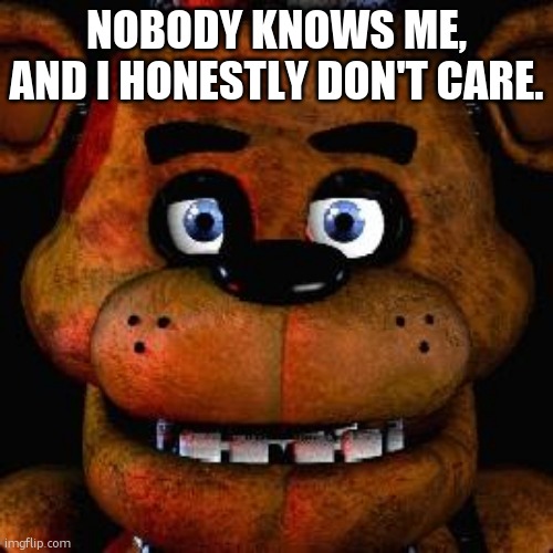 Five Nights At Freddys | NOBODY KNOWS ME, AND I HONESTLY DON'T CARE. | image tagged in five nights at freddys | made w/ Imgflip meme maker