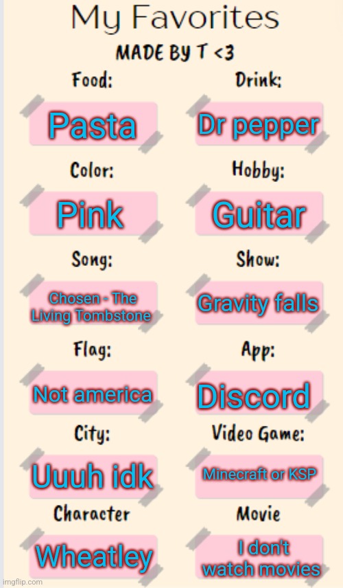 My Favorites made by T | Dr pepper; Pasta; Guitar; Pink; Chosen - The Living Tombstone; Gravity falls; Not america; Discord; Uuuh idk; Minecraft or KSP; Wheatley; I don't watch movies | image tagged in my favorites made by t | made w/ Imgflip meme maker