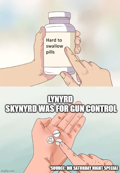 Lyrics Matter | LYNYRD 
SKYNYRD WAS FOR GUN CONTROL; *SOURCE: MR SATURDAY NIGHT SPECIAL | image tagged in memes,hard to swallow pills,gun control,southern pride | made w/ Imgflip meme maker