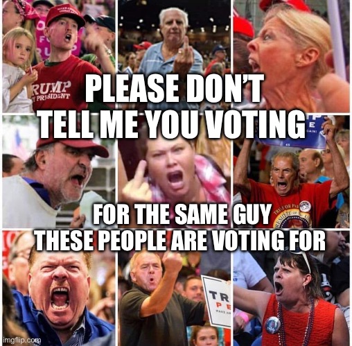 Triggered Trump supporters | PLEASE DON’T TELL ME YOU VOTING; FOR THE SAME GUY THESE PEOPLE ARE VOTING FOR | image tagged in triggered trump supporters | made w/ Imgflip meme maker