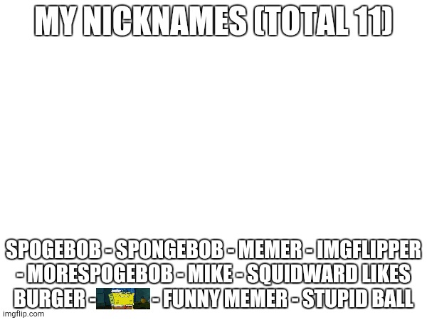 My nicknames | MY NICKNAMES (TOTAL 11); SPOGEBOB - SPONGEBOB - MEMER - IMGFLIPPER - MORESPOGEBOB - MIKE - SQUIDWARD LIKES BURGER -              - FUNNY MEMER - STUPID BALL | image tagged in nickname,names,images | made w/ Imgflip meme maker