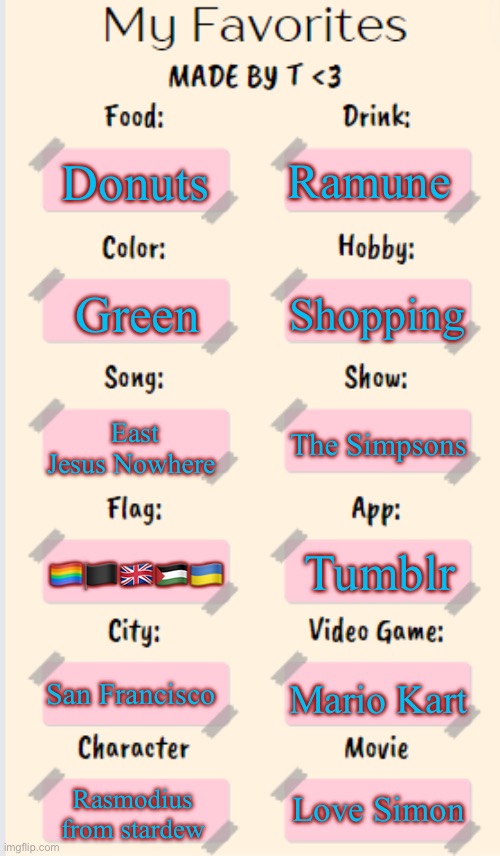 My Favorites made by T | Ramune; Donuts; Shopping; Green; East Jesus Nowhere; The Simpsons; Tumblr; 🏳️‍🌈🏴🇬🇧🇵🇸🇺🇦; San Francisco; Mario Kart; Love Simon; Rasmodius from stardew | image tagged in my favorites made by t | made w/ Imgflip meme maker