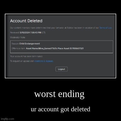 worst ending | ur account got deleted | image tagged in funny,demotivationals | made w/ Imgflip demotivational maker