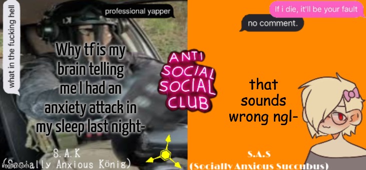 Social A Duo Temp | that sounds wrong ngl-; Why tf is my brain telling me I had an anxiety attack in my sleep last night- | image tagged in social a duo temp | made w/ Imgflip meme maker