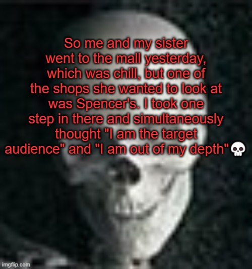 . | So me and my sister went to the mall yesterday, which was chill, but one of the shops she wanted to look at was Spencer's. I took one step in there and simultaneously thought "I am the target audience" and "I am out of my depth"💀 | image tagged in skull | made w/ Imgflip meme maker