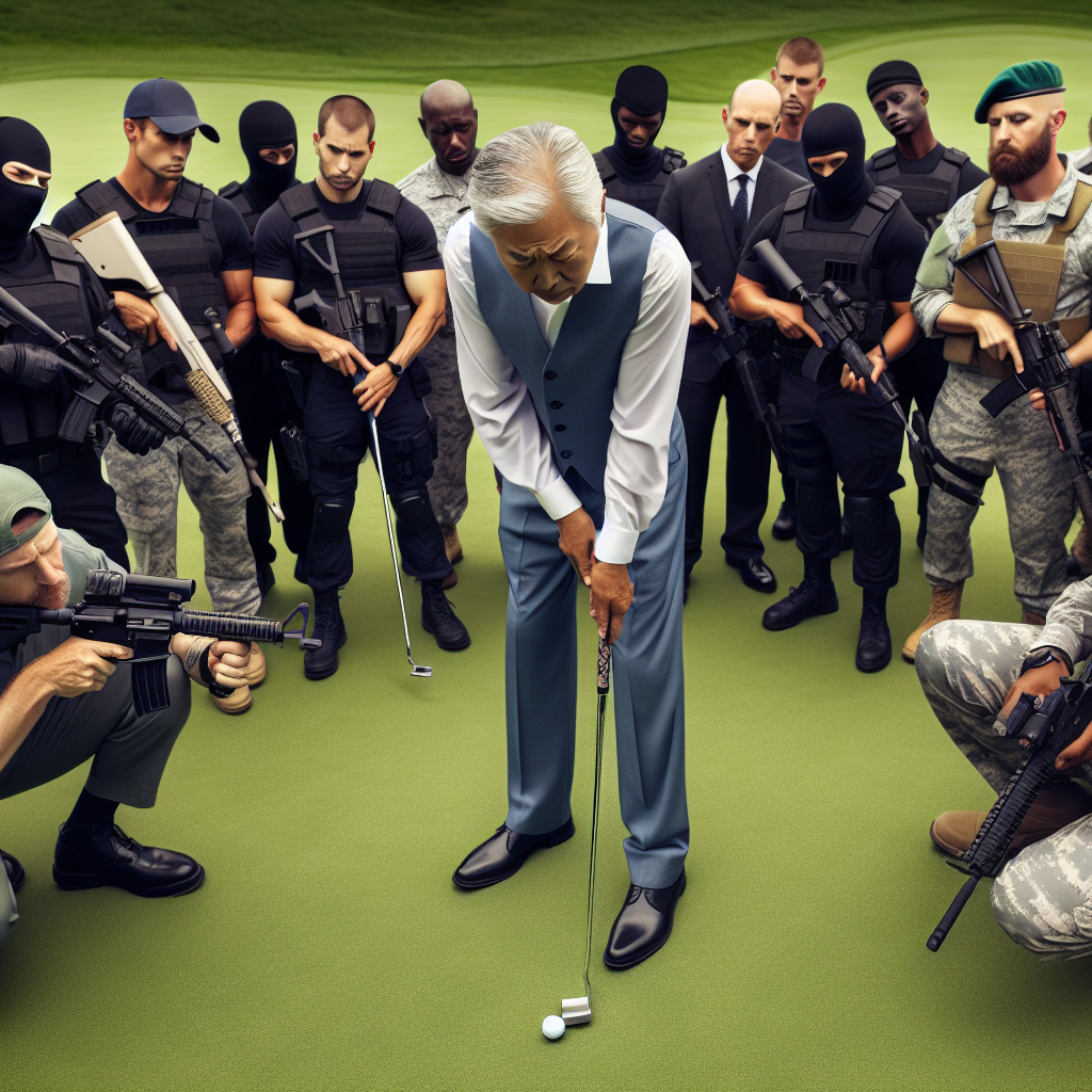 armed guards ring a putting green with an older man leaning over Blank Meme Template