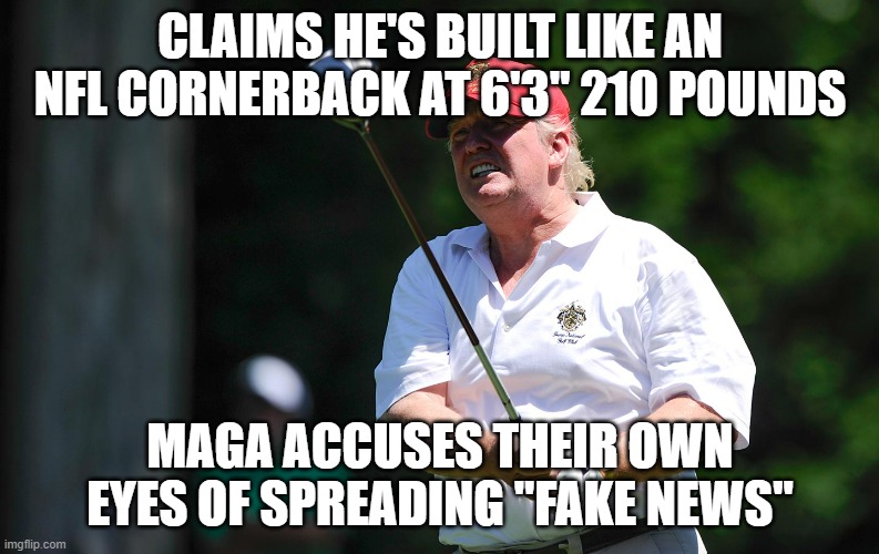 Michelin Tire Man meets NFL All-Star | CLAIMS HE'S BUILT LIKE AN NFL CORNERBACK AT 6'3" 210 POUNDS; MAGA ACCUSES THEIR OWN EYES OF SPREADING "FAKE NEWS" | made w/ Imgflip meme maker
