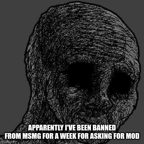 Cursed wojak | APPARENTLY I'VE BEEN BANNED FROM MSMG FOR A WEEK FOR ASKING FOR MOD | image tagged in cursed wojak | made w/ Imgflip meme maker